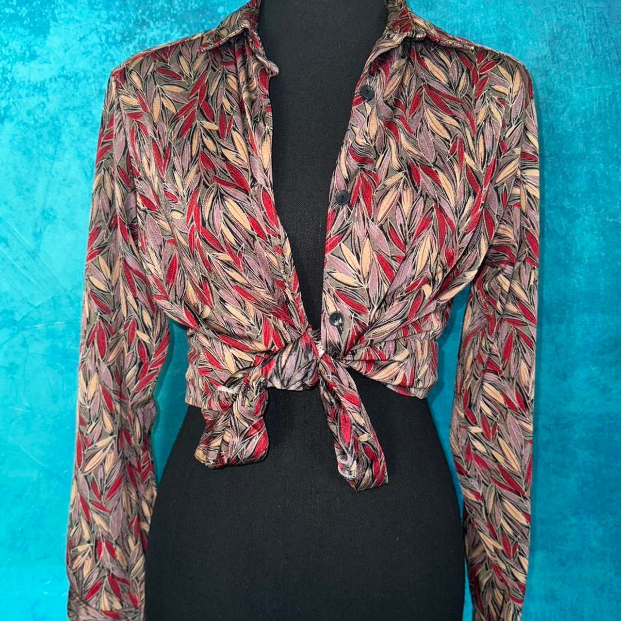Retro ’70s Leaf Print Button-Up Top